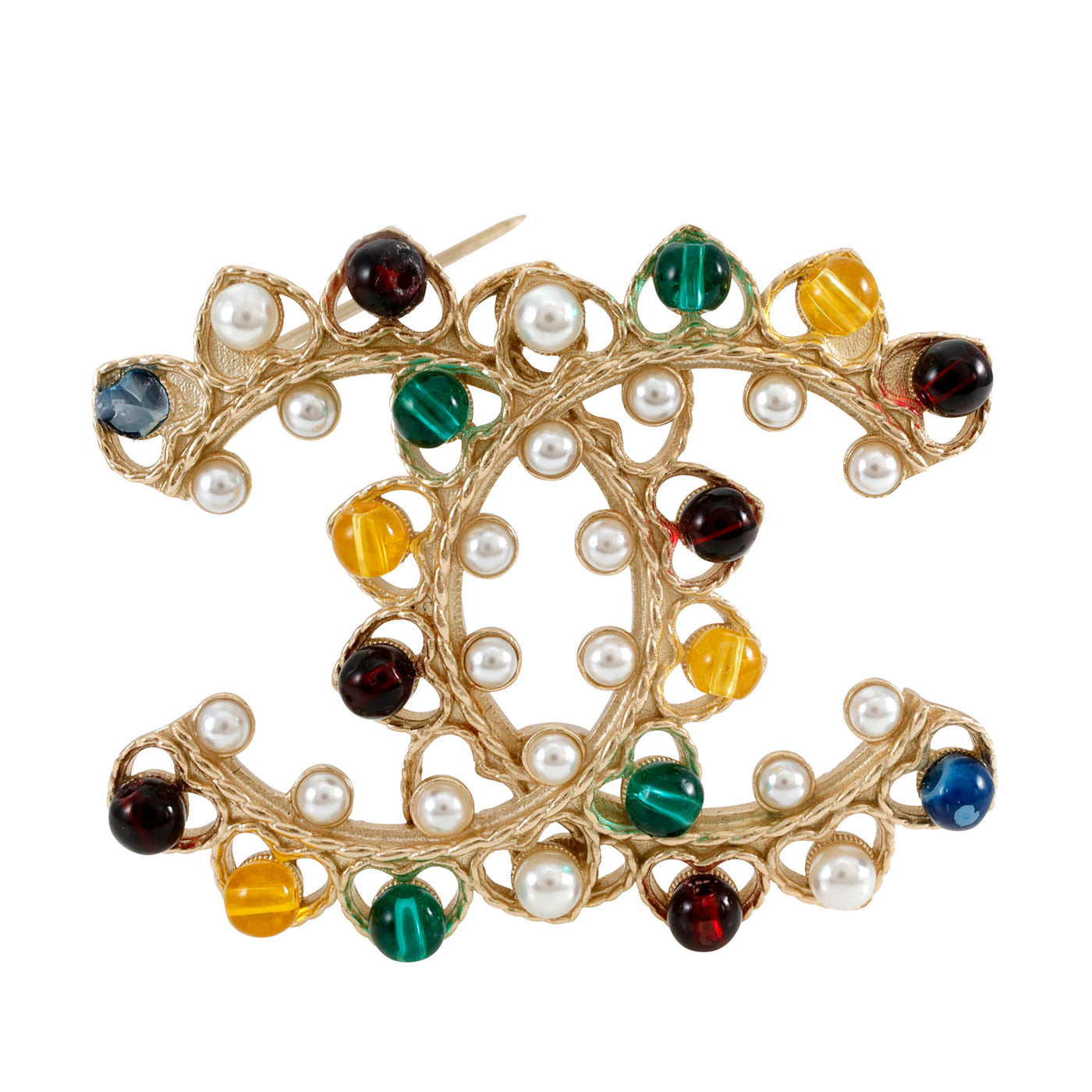 Chanel Multicolored Gripoix and Pearl CC Brooch