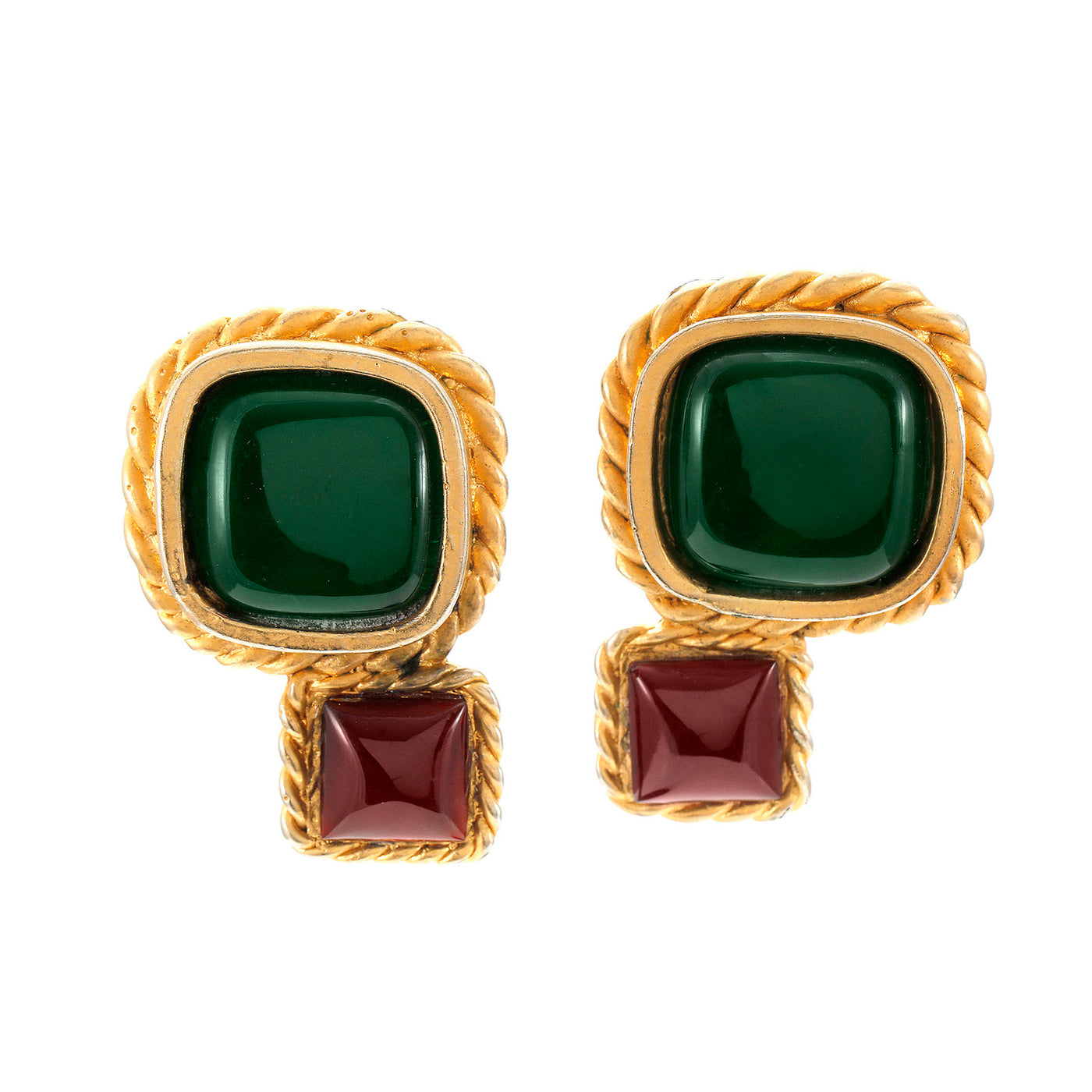 Chanel Large Vintage Red and Green Gripoix Gold Rope Earrings