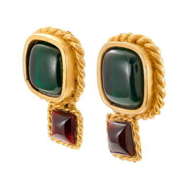 Chanel Large Vintage Red and Green Gripoix Gold Rope Earrings