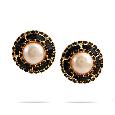 Chanel Large Pearl Earrings with Leather and Chain Surround - Only Authentics