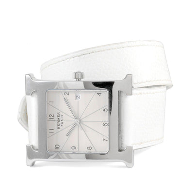Hermès White Epsom Leather Wrap Around Watch w/ Palladium Hardware - Only Authentics