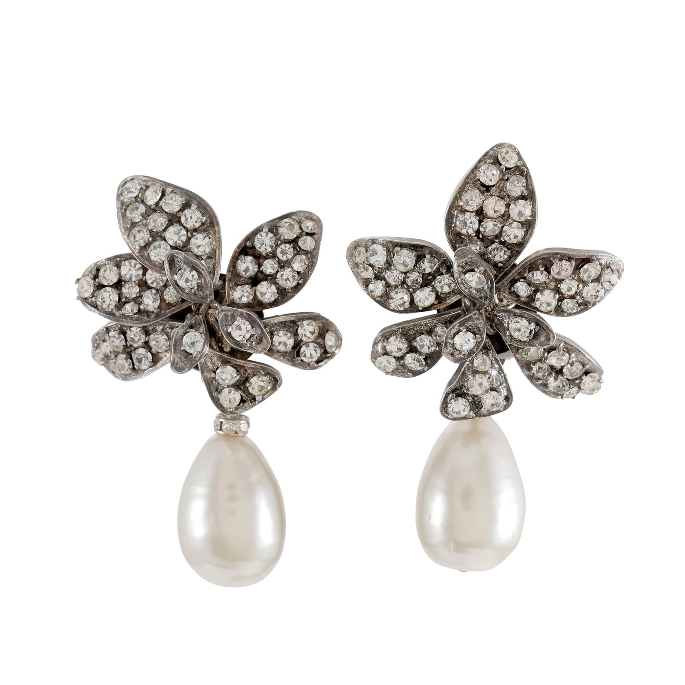 Chanel Crystal Silver Flower Pearl Drop Earrings