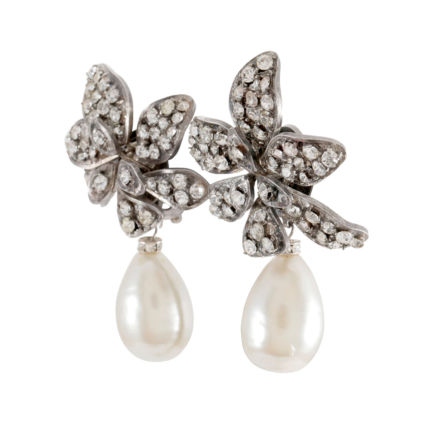 Chanel Silver Crystal Flower Earrings w/ Large Pearl Drop
