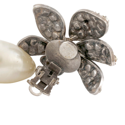 Chanel Silver Crystal Flower Earrings w/ Large Pearl Drop