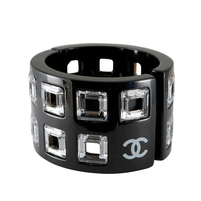 Chanel Vintage Black Bakelite Square Crystal Cuff