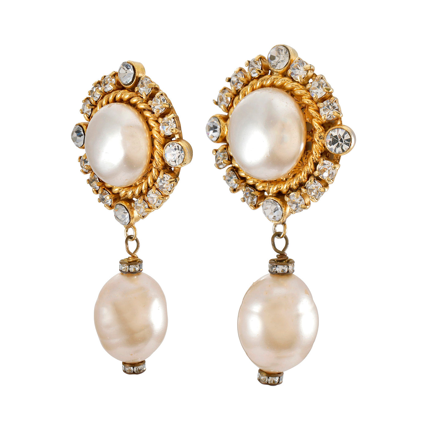 Chanel Large Pearl Drop Gold Earrings w/ Crystal Accents