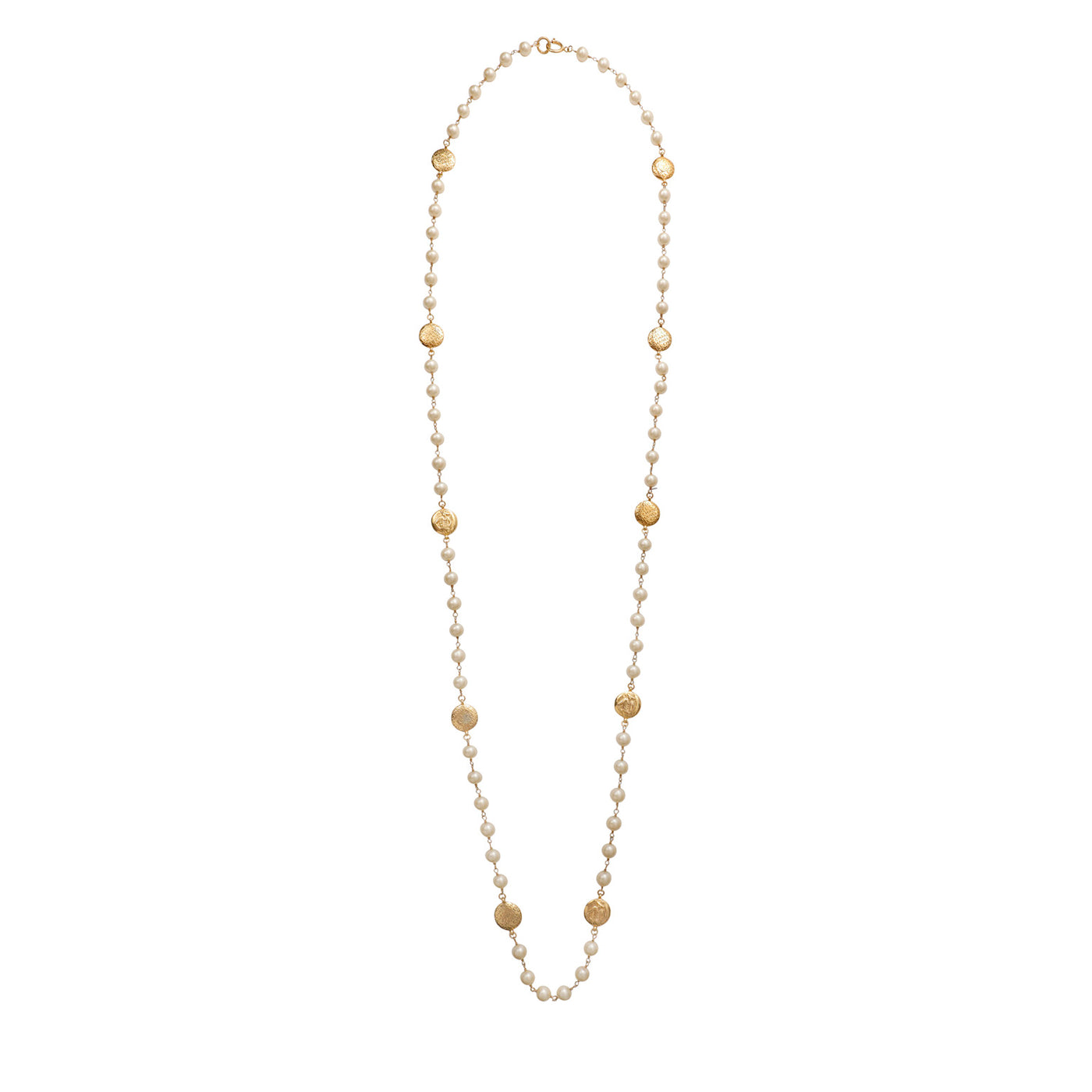 Chanel Vintage Pearl Extra Long Necklace with Coco Embossed Discs