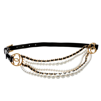 Chanel Runway Pearl with Gold & Black Leather Cascade Belt
