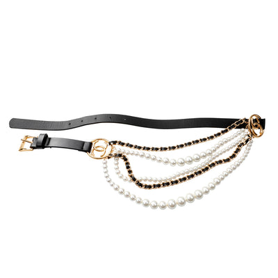 Chanel Runway Pearl with Gold & Black Leather Cascade Belt