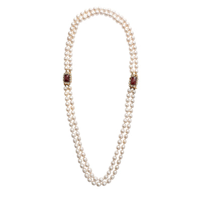 Chanel Vintage Double Strand Pearl Necklace with Red Gripoix Stones