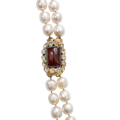 Chanel Vintage Double Strand Pearl Necklace with Red Gripoix Stones