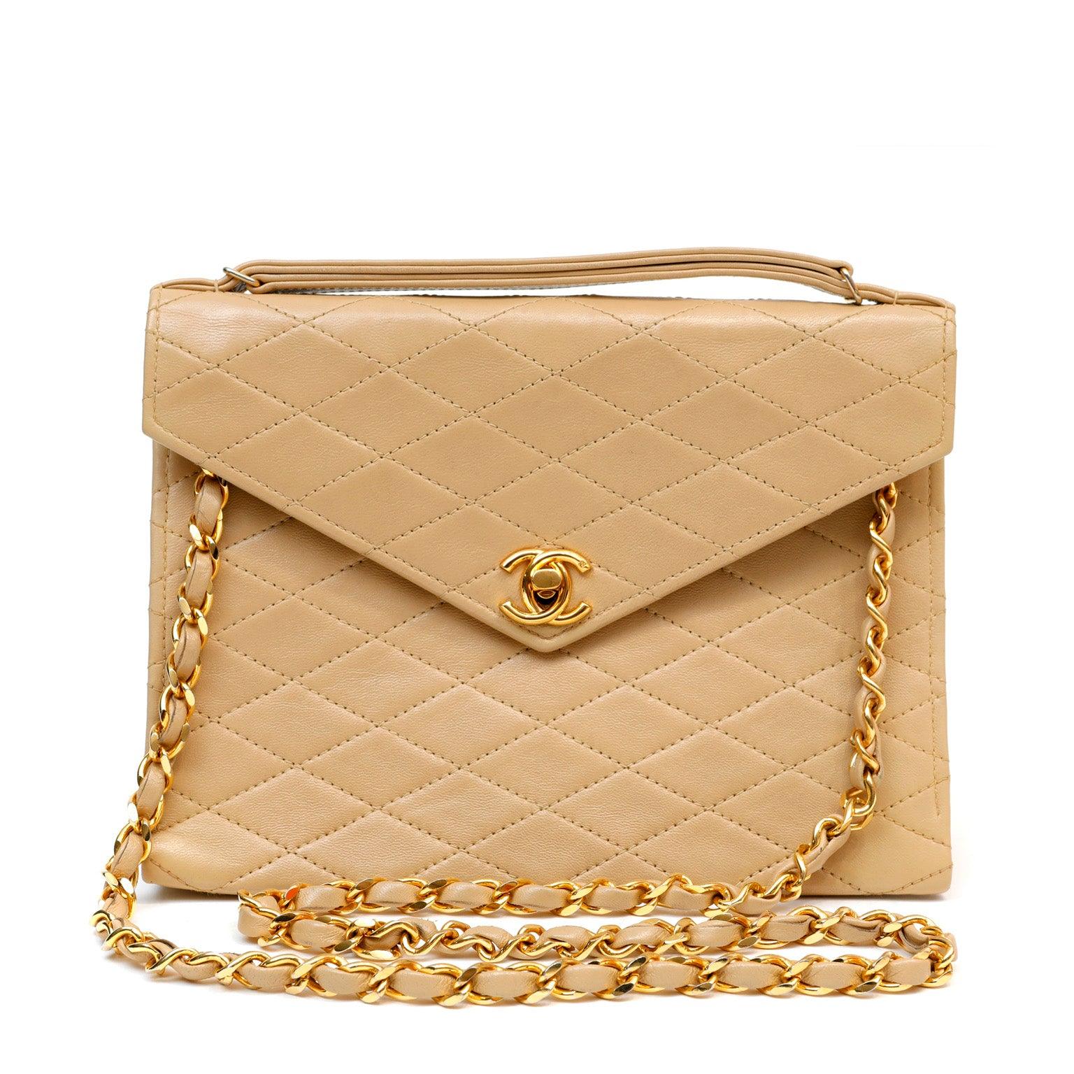 Shop the iconic Chanel beige leather vintage envelope flap bag