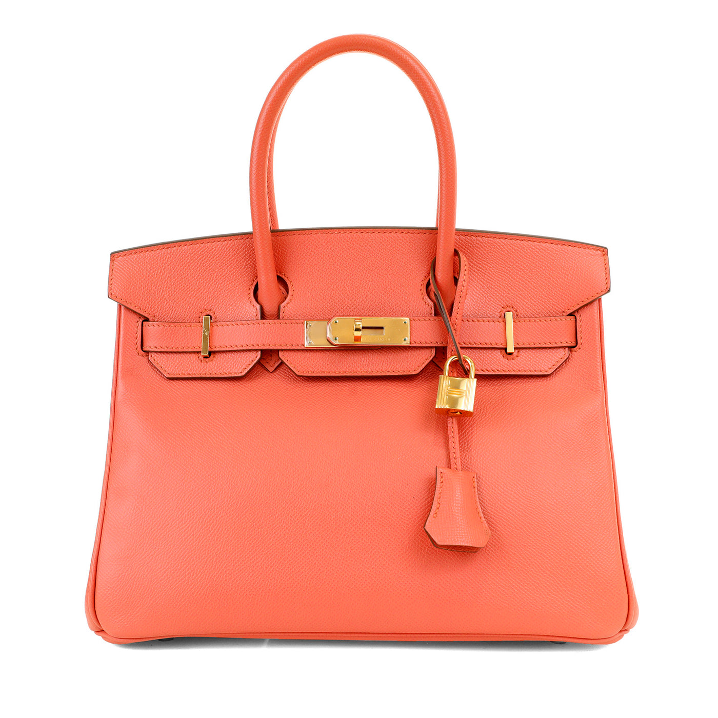This pristine Hermès 30 cm Birkin in a vibrant orange-pink shade is a must-have for luxury lovers