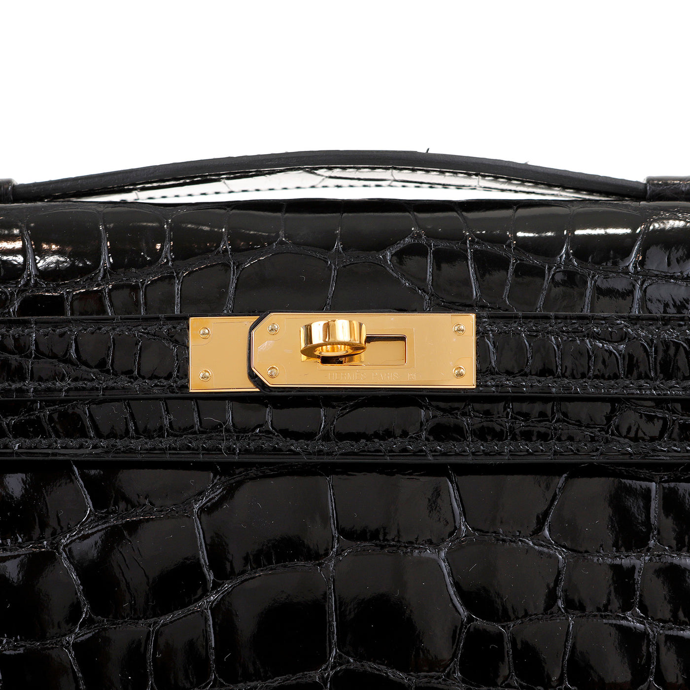 Hermes Kelly Pochette Clutch Bag Shiny Black Alligator Gold Hardware