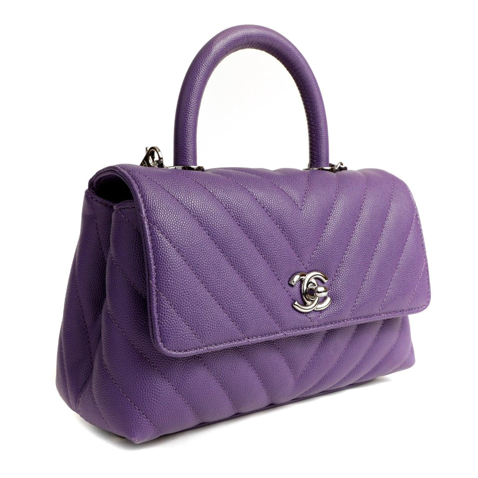 Get your hands on the stylish and chic Chanel Purple Caviar Chevron Mini  Coco Handle Bag – Only Authentics