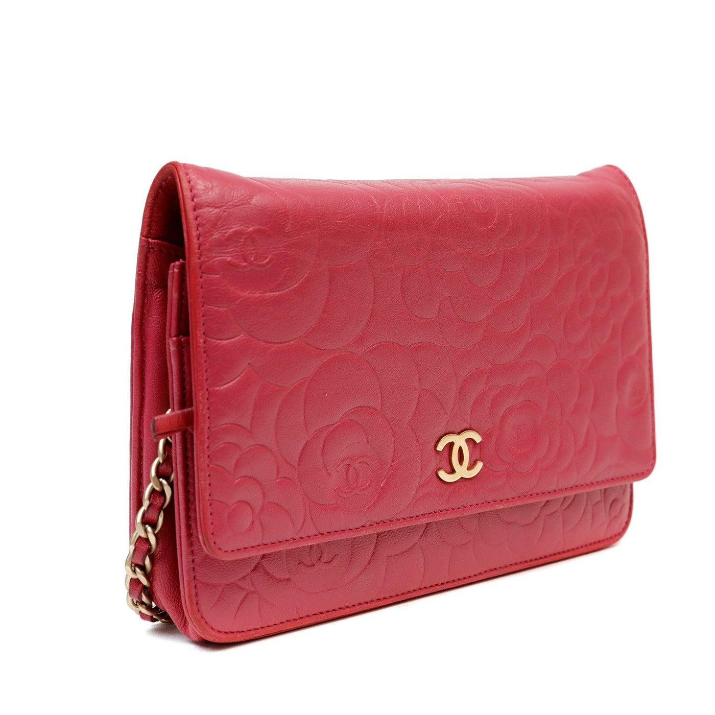 Chanel Rose Pink Camellia Embossed Leather Wallet on a Chain WOC - Only Authentics