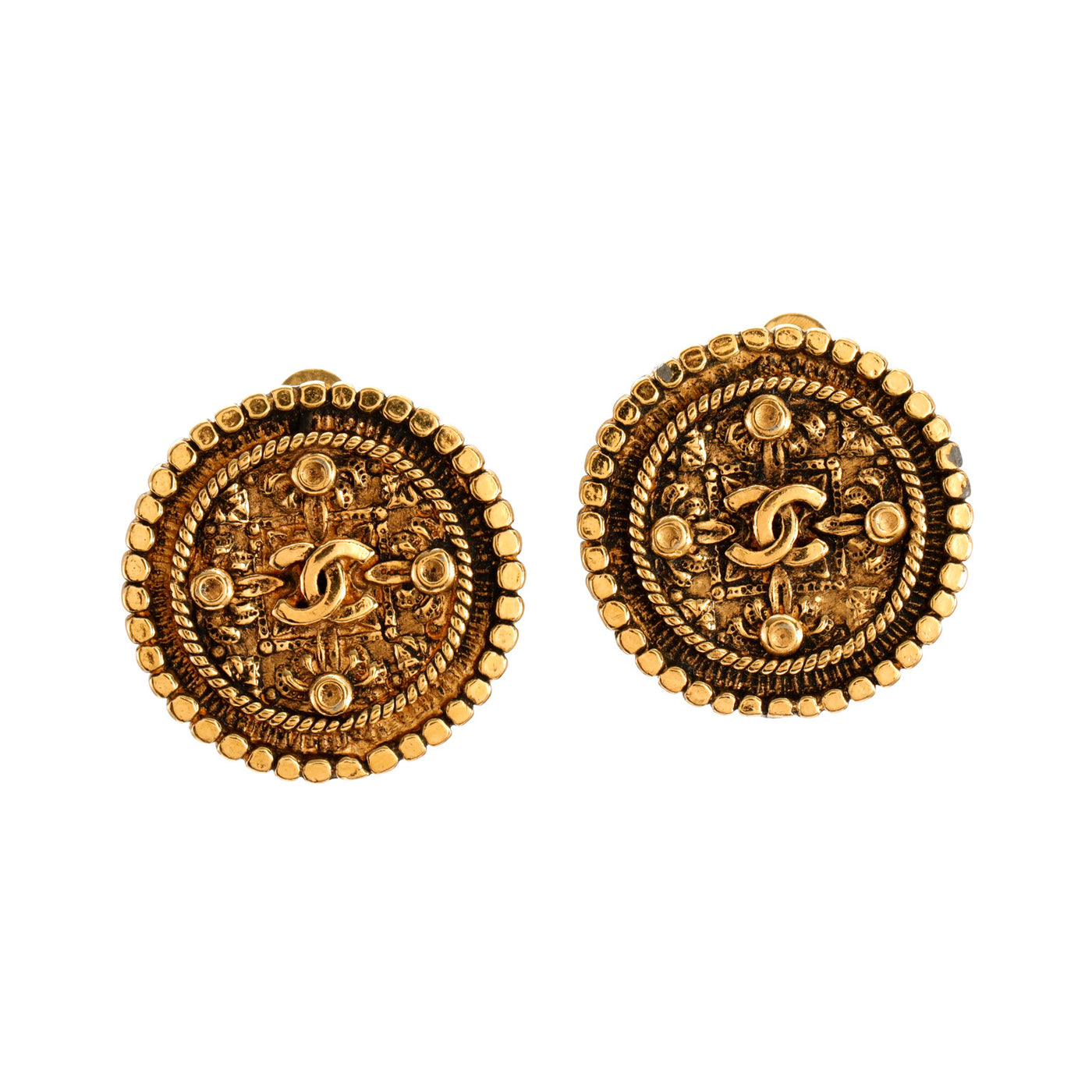 Chanel Vintage Gold Ornate Medallion Earrings