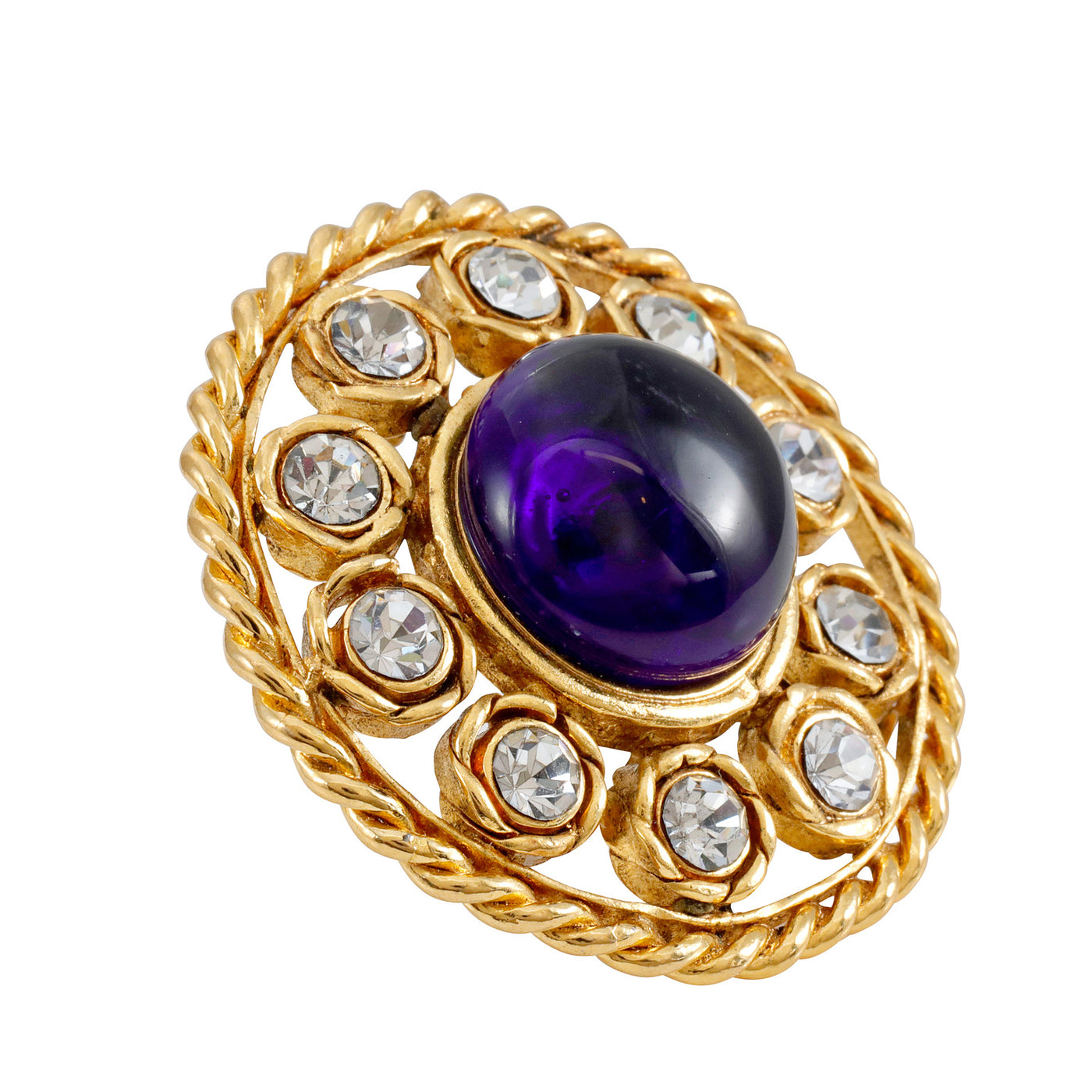 Chanel Vintage Blue Gripoix Brooch Pendant with Gold and Crystal Surround