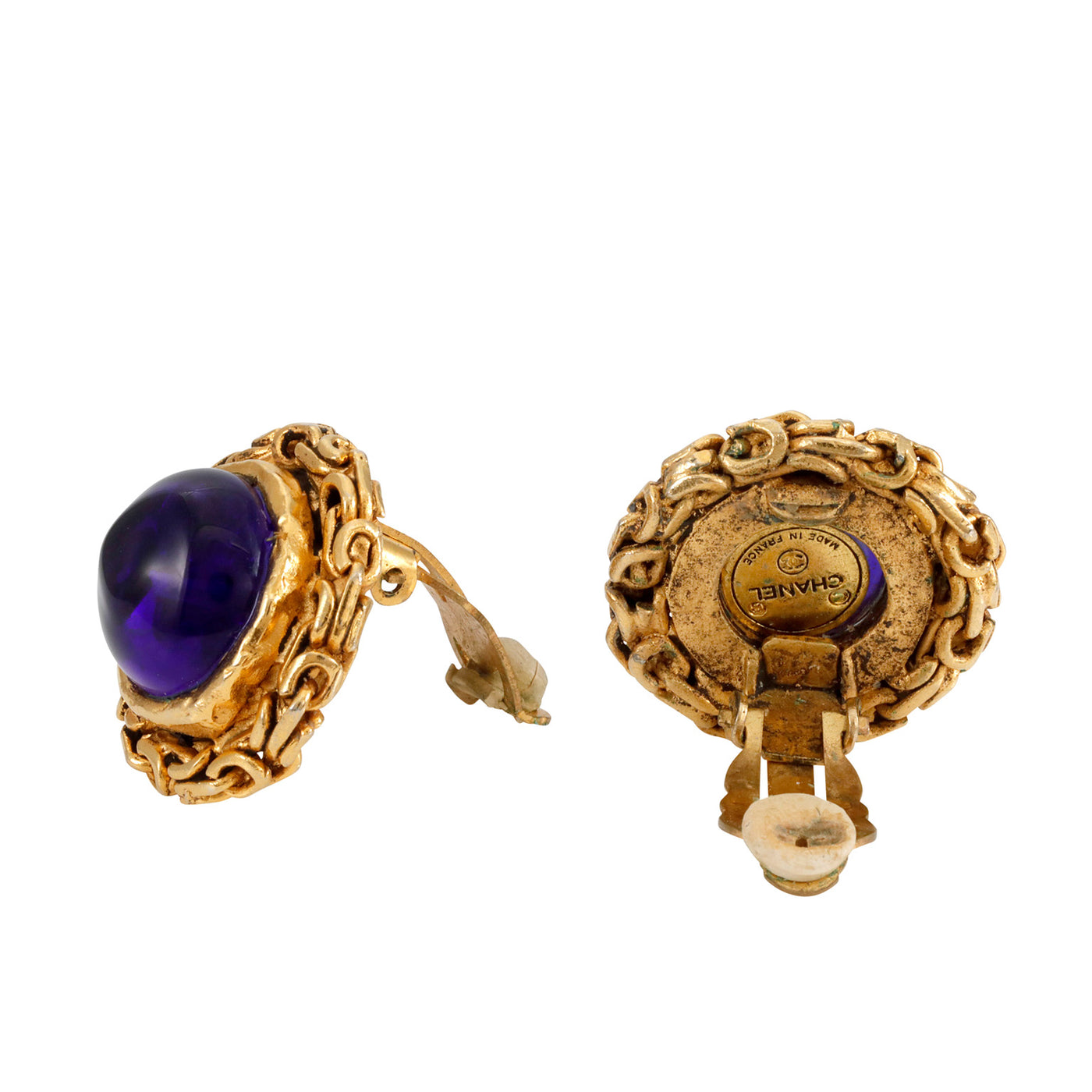 Chanel Vintage Blue Gripoix Earrings with Gold Chain Detail