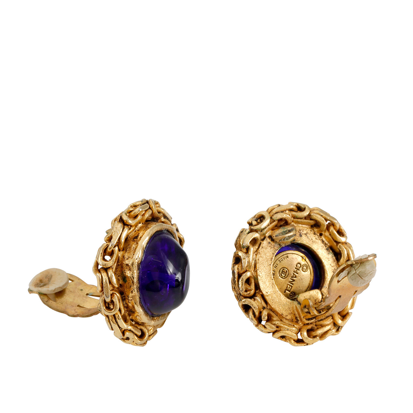 Chanel Vintage Blue Gripoix Earrings with Gold Chain Detail