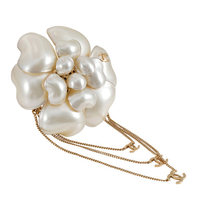 Chanel Pearlized Camellia Flower Brooch Pendant with CC Chains