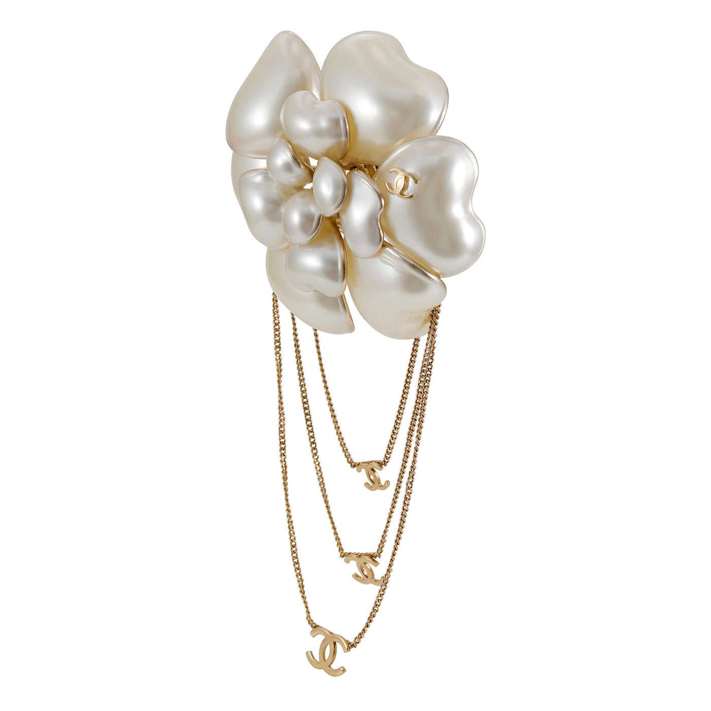 Chanel Pearlized Camellia Flower Brooch Pendant with CC Chains