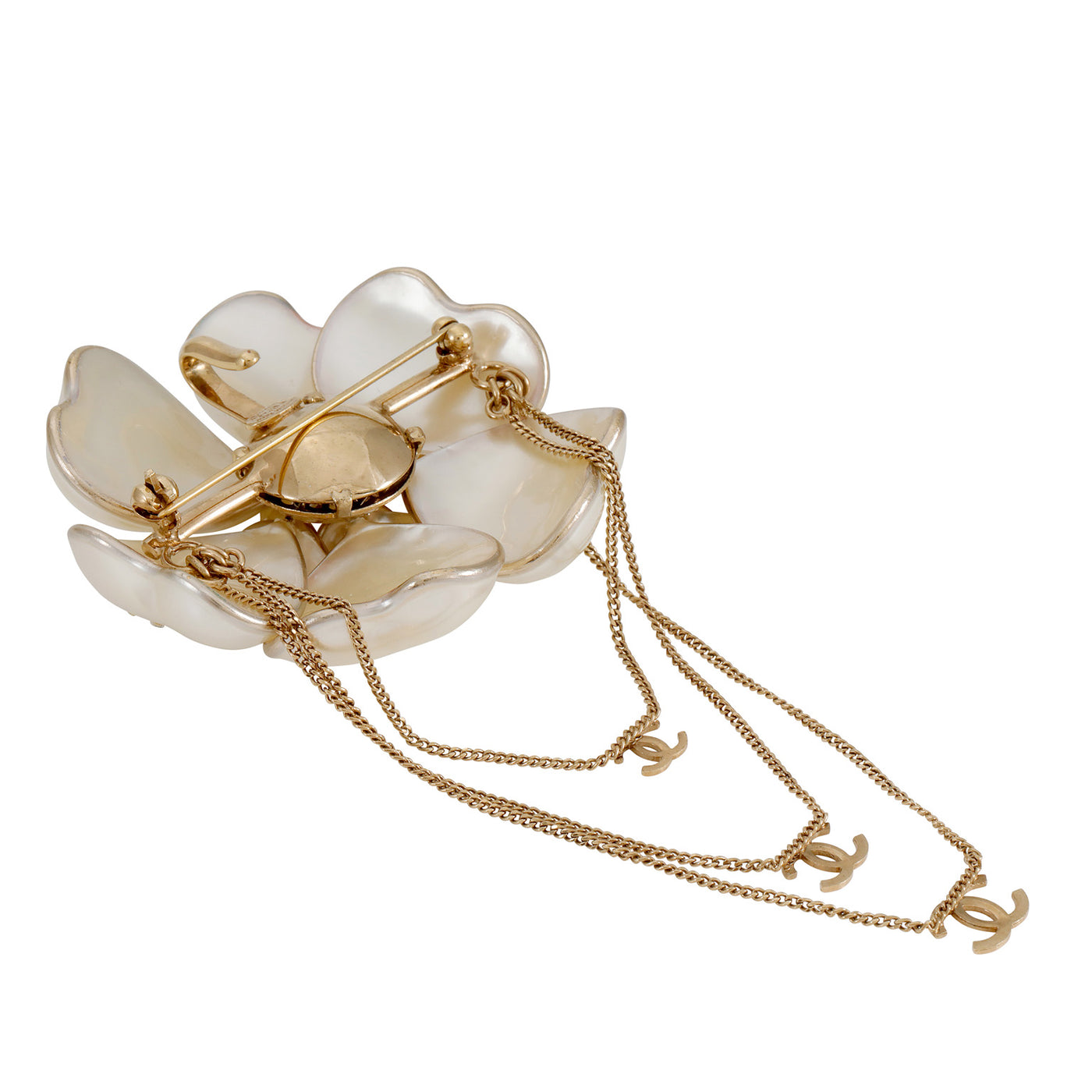 Chanel Pearlized Camellia Flower Brooch Pendant with CC Chains