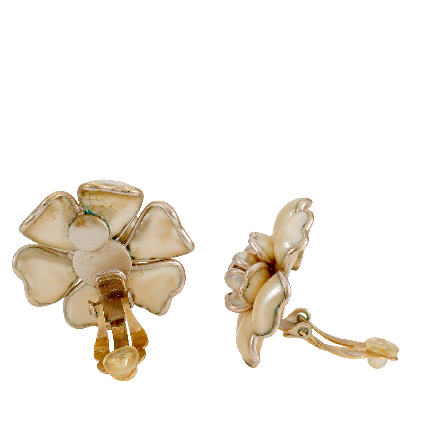 Chanel Pearlized Gold Camellia Flower CC Earrings