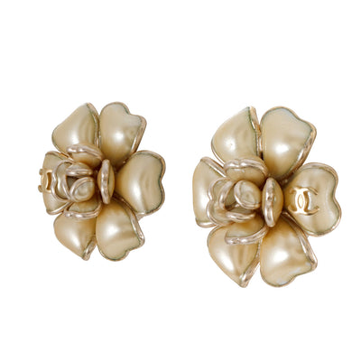 Chanel Pearlized Gold Camellia Flower CC Earrings