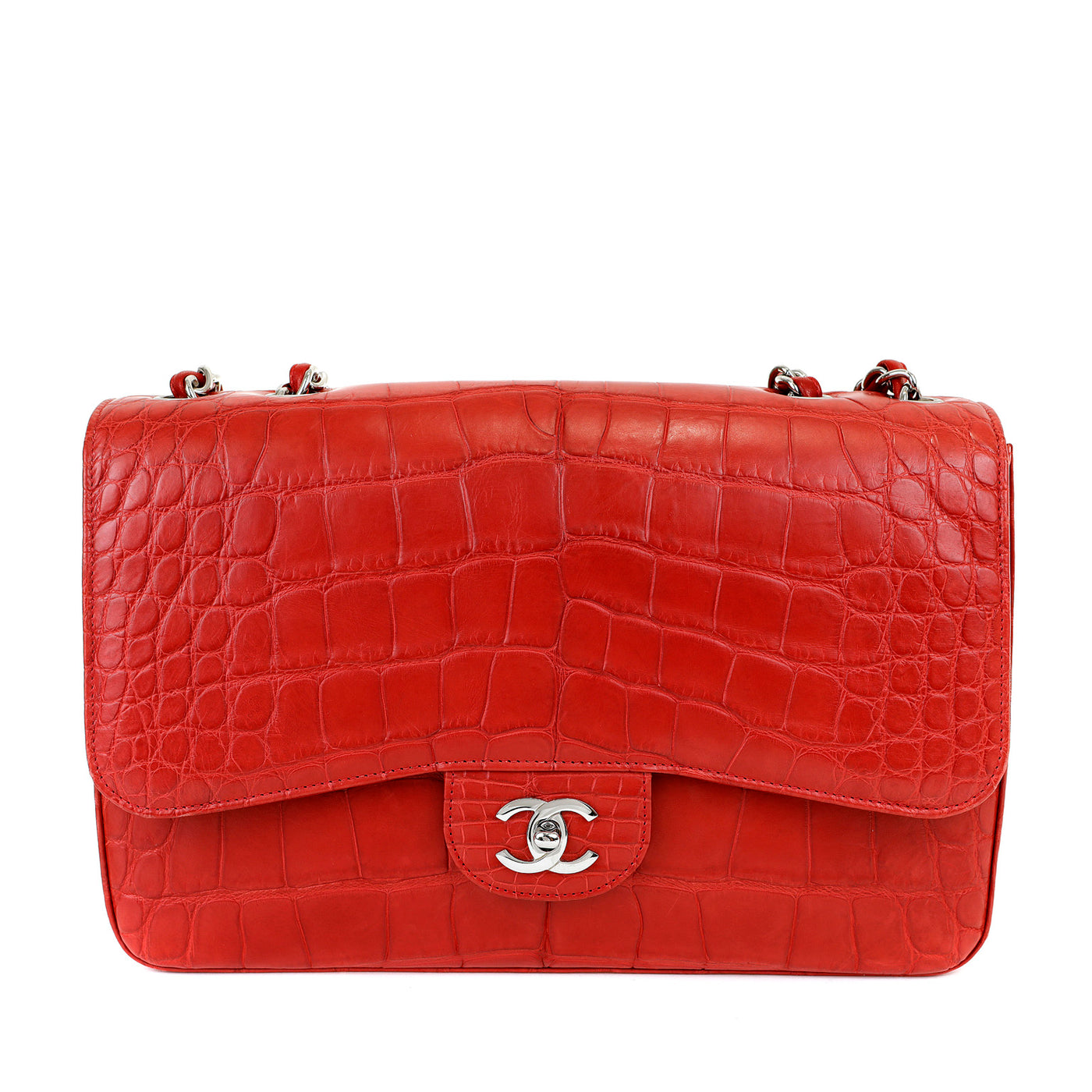 Chanel Red Crocodile Jumbo Classic with Silver Hardware