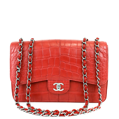 This Chanel Red Crocodile Jumbo Classic is a stunning luxury handbag 
