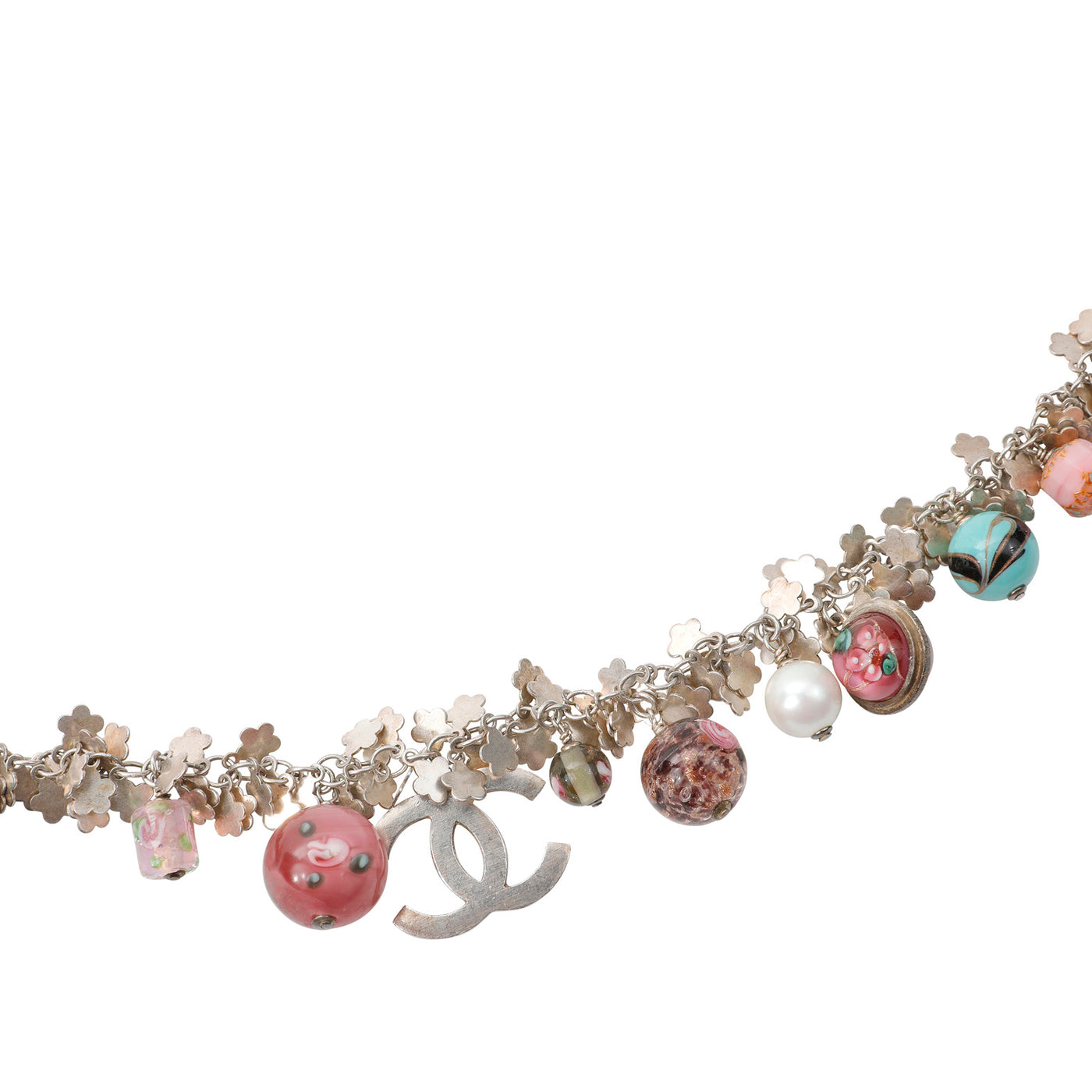 Chanel Silver Flower Molten Glass Bead CC Belt Necklace (2005)