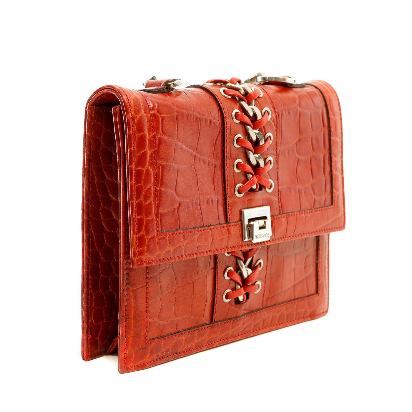 Versace Red Embossed Croc Evening Bag - Only Authentics
