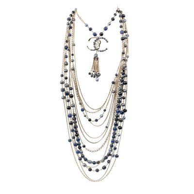 Chanel Runway Blue Pearl Multi Layered CC Necklace
