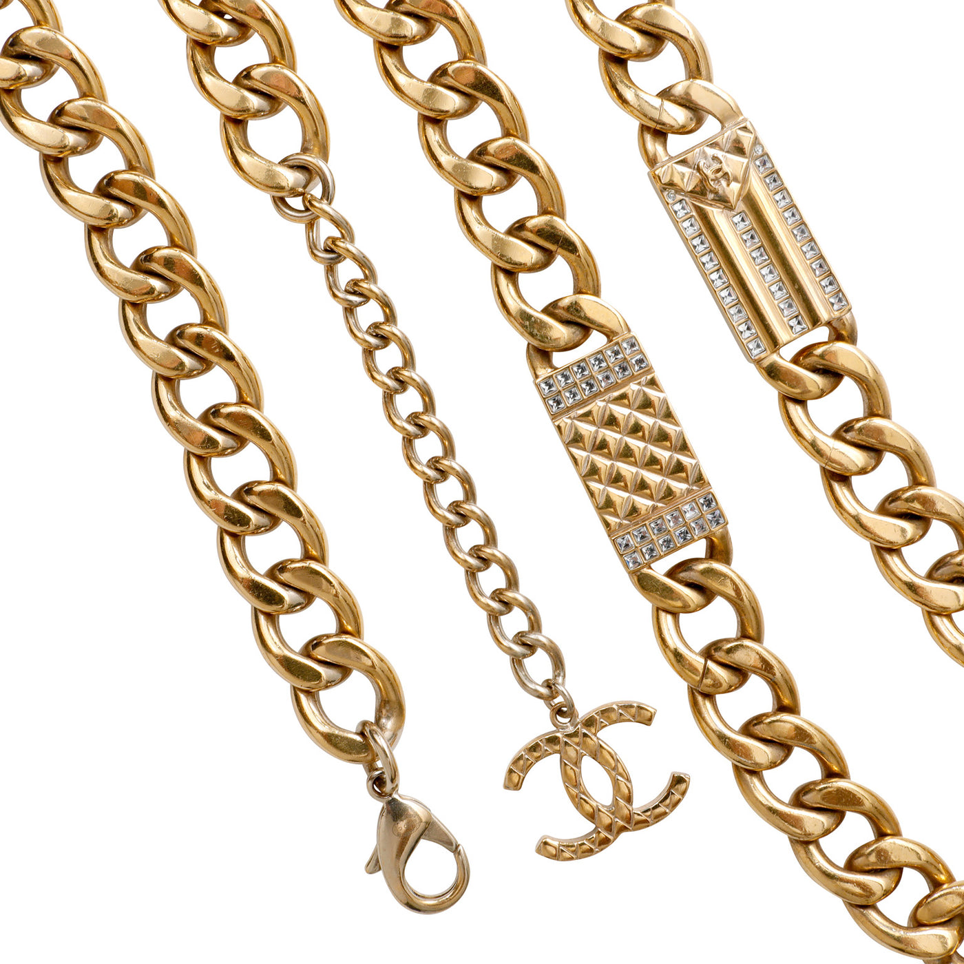 Chanel 24kt Gold Link Belt w/ Quilted & Crystal CC Charms Necklace