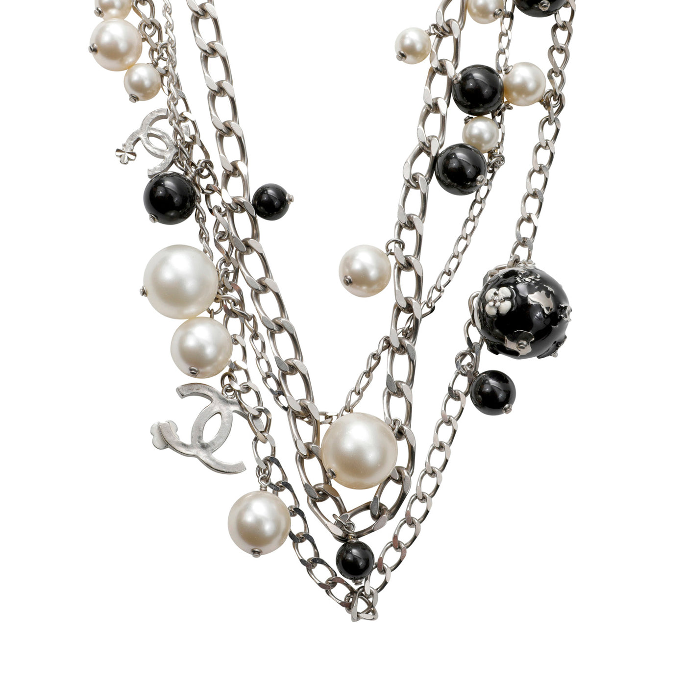 Chanel Silver Triple Chain Beaded Pearl Necklace Belt