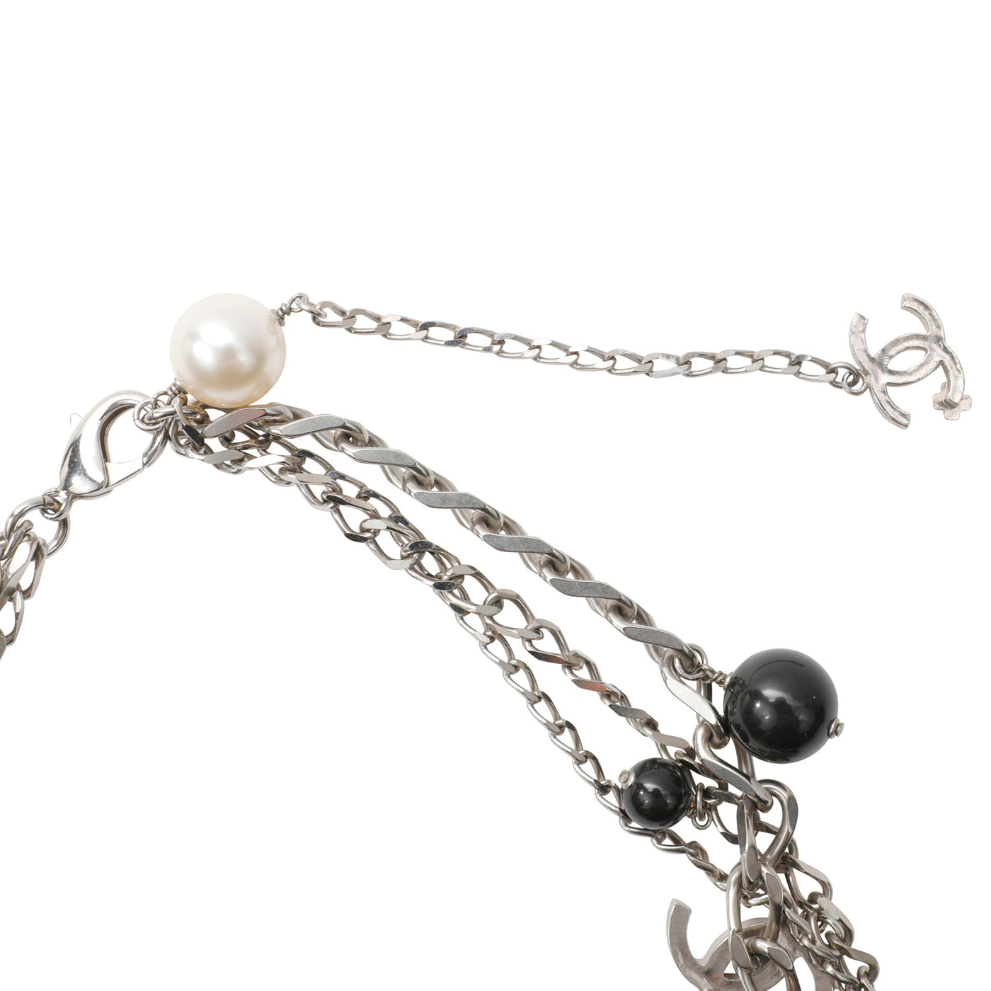 Chanel Silver Triple Chain Beaded Pearl Necklace Belt