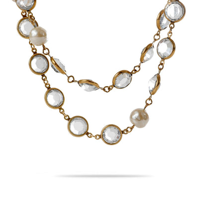 Chanel Clear Rose Cut Crystal and Pearl Vintage Long Necklace - Only Authentics