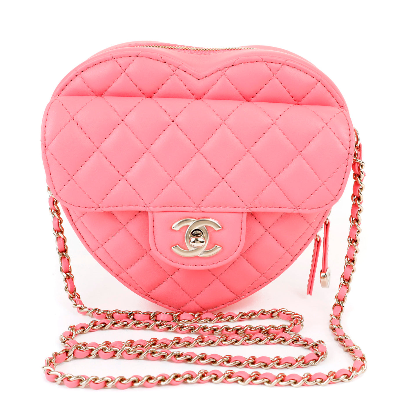 Chanel 2022 Pink Lambskin Heart Bag with Gold Hardware