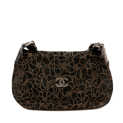 Chanel Brown and Black Suede Embossed Camellia Bag - Only Authentics