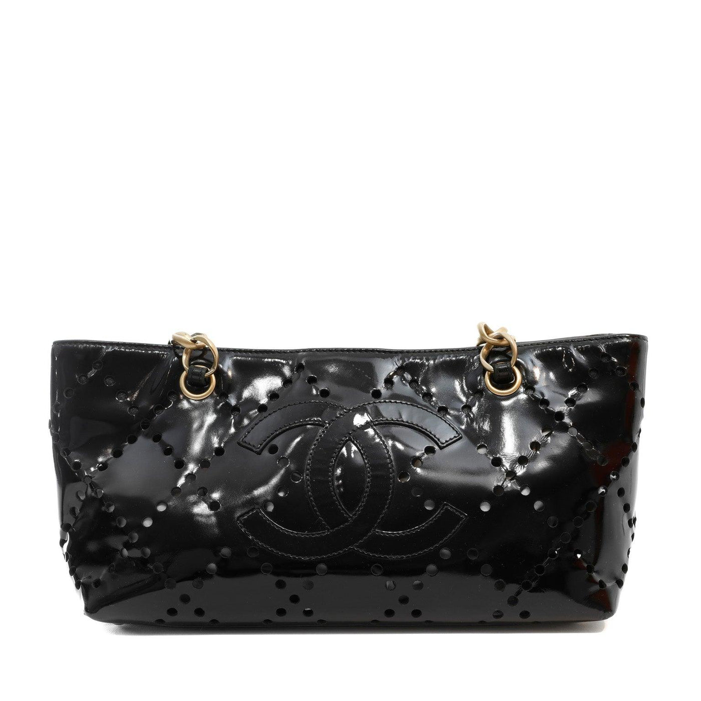 Chanel Black Patent Leather Perforated CC Tote - Only Authentics
