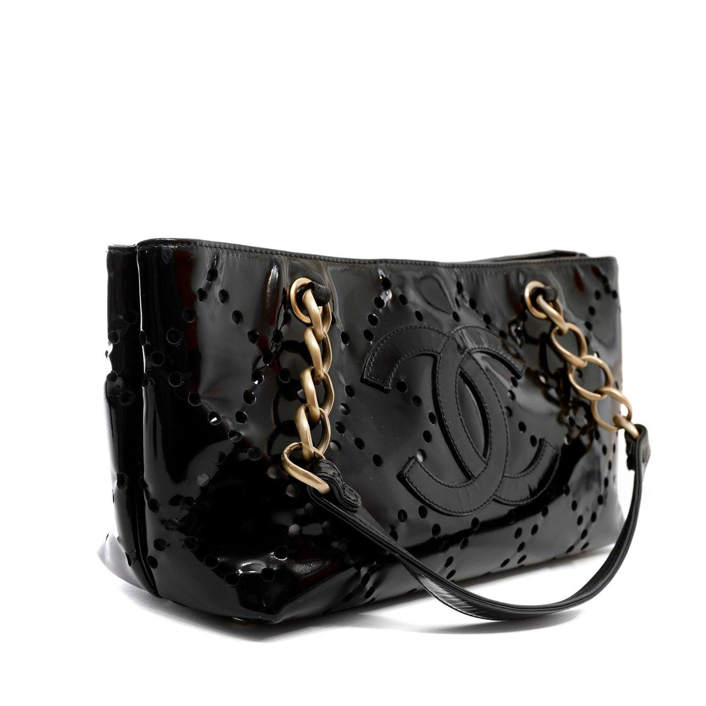 Chanel Black Patent Leather Perforated CC Tote - Only Authentics