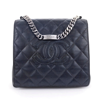 Chanel Navy Blue Lambskin Flap Bag with Silver Curb Chain Strap - Only Authentics