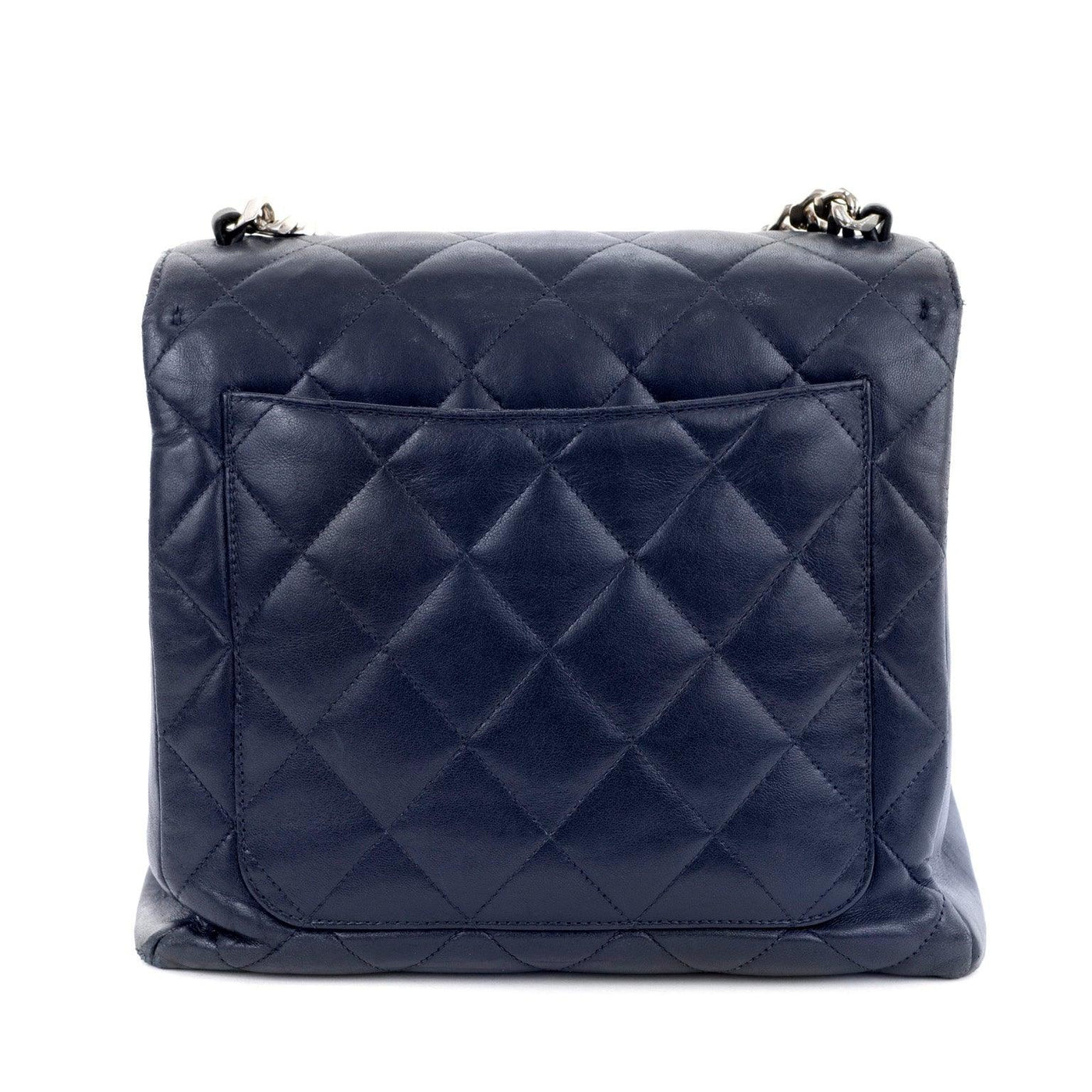 Chanel Navy Blue Lambskin Flap Bag with Silver Curb Chain Strap - Only Authentics