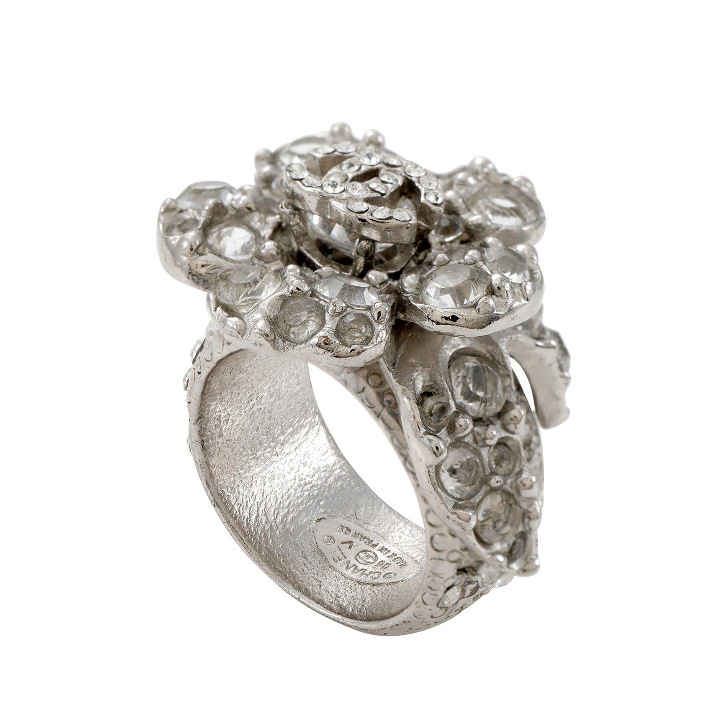 Chanel Silver Crystal Camellia Flower Ring with CC