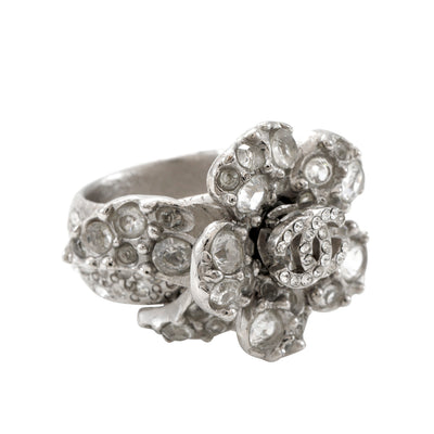 Chanel Silver Crystal Camellia Flower Ring with CC