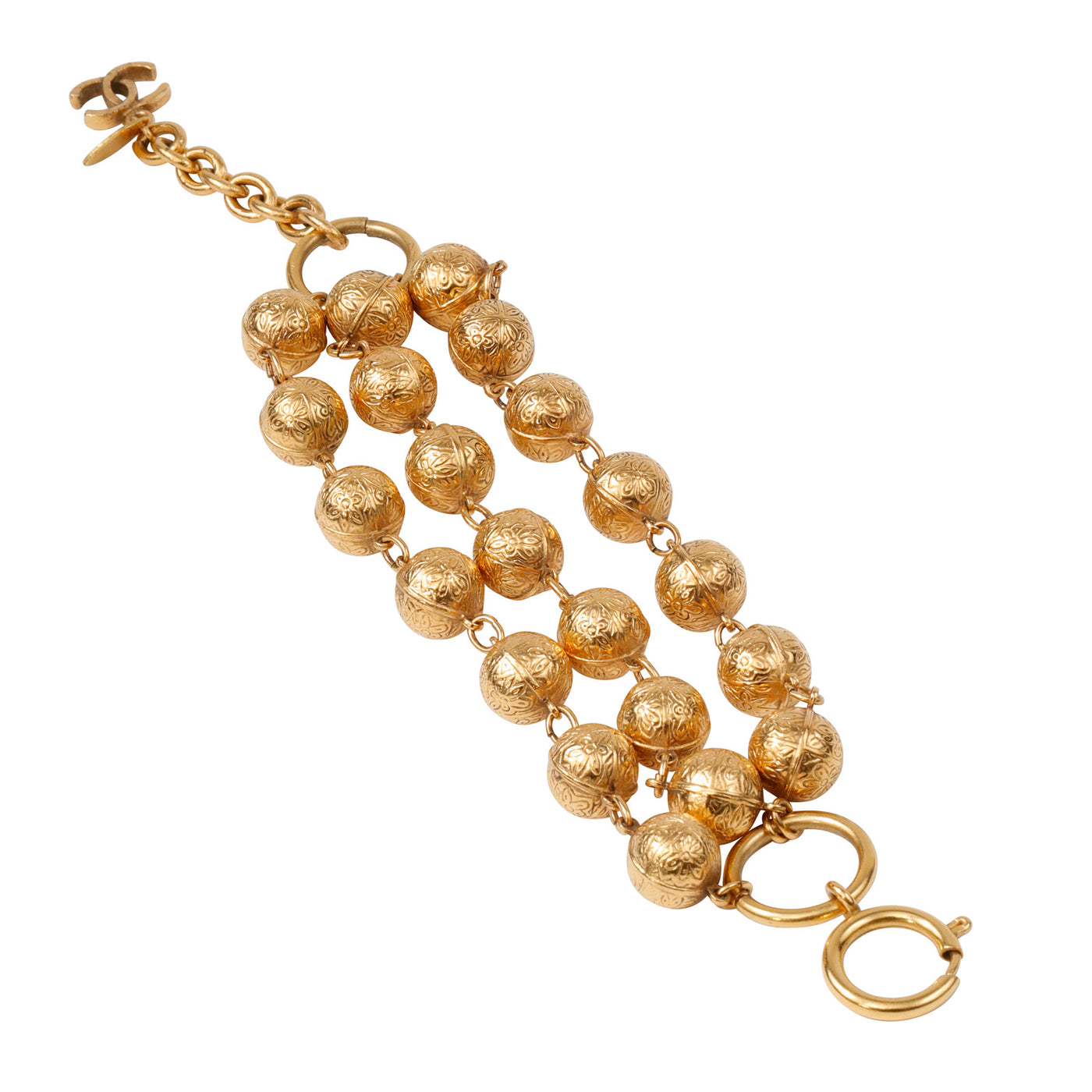 Chanel 3 Strand 24kt Gold Plated Beaded Bracelet w/ CC