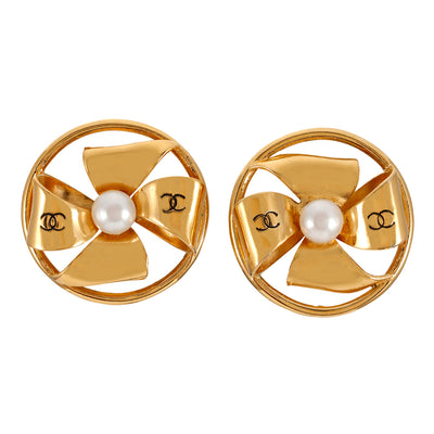 Chanel Vintage Gold  CC Pinwheel Earrings with Pearl Center