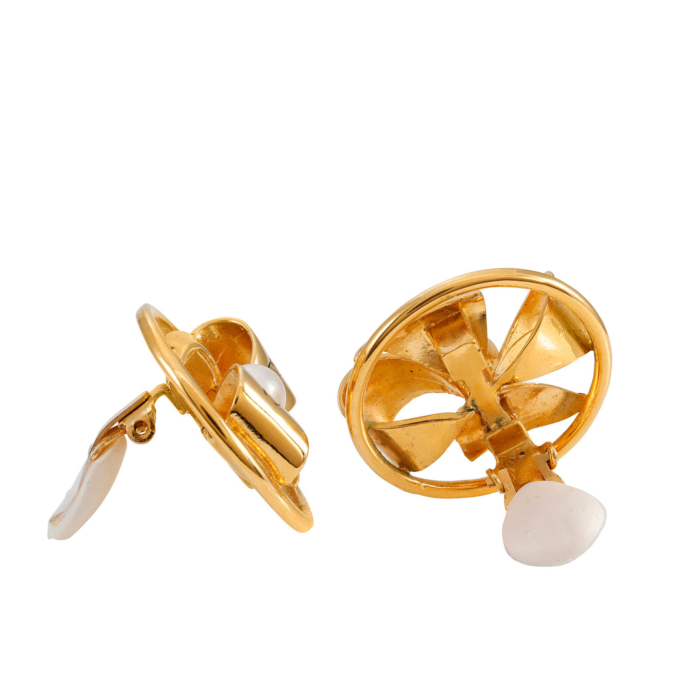 Chanel Vintage Gold  CC Pinwheel Earrings with Pearl Center