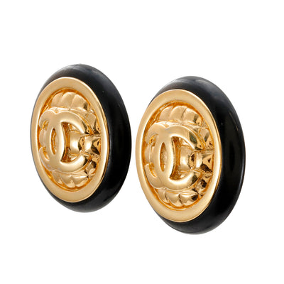 Chanel Vintage Gold CC Quilted Button Earrings with Black Surround